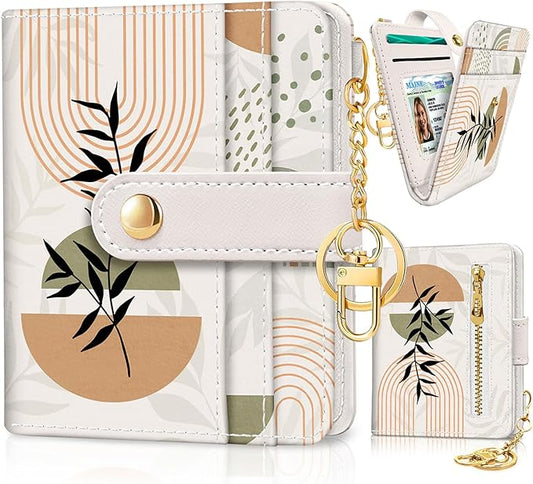 Jogjam Abstract Boho Leaves Rfid Ladies Wallet, Small Slim Thin Compact Credit Card Women Wallet, PU Leather Bifold Cash Zipper Coin Pocket ID Window for Female