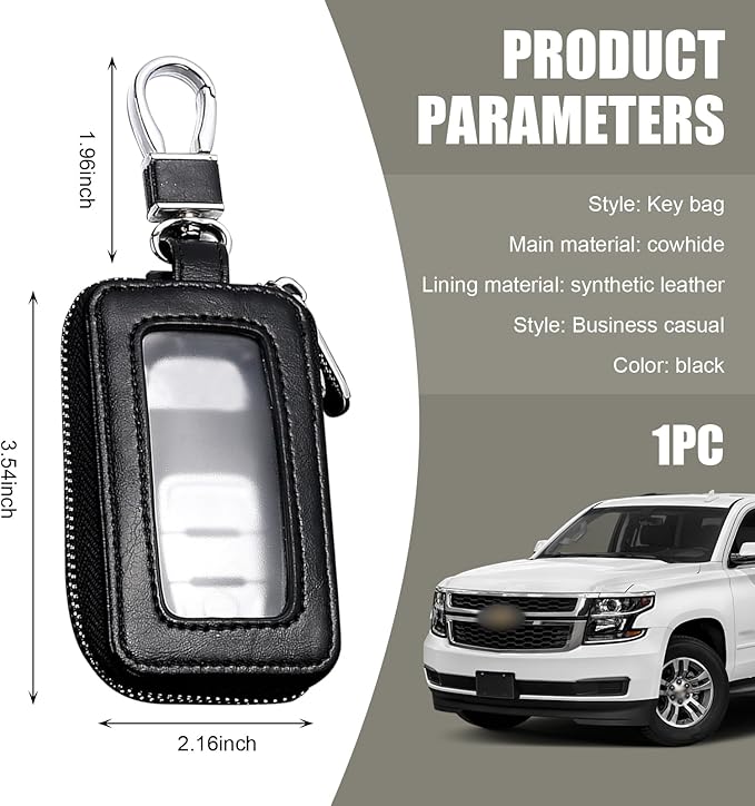 Leather Car Key Fob Case, 2.2" x 3.5" Car Key Fob Protective Cover with Zipper and Metal Hook, Double Layer Smart Remote Key Fob Case Holder, Universal Keychain Bag for Most Cars (Black)