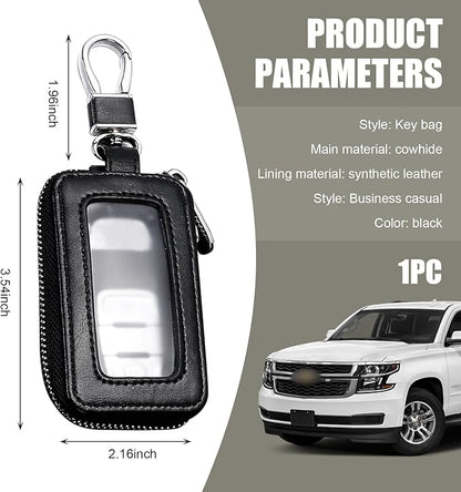 Leather Car Key Fob Case, 2.2" x 3.5" Car Key Fob Protective Cover with Zipper and Metal Hook, Double Layer Smart Remote Key Fob Case Holder, Universal Keychain Bag for Most Cars (Black)