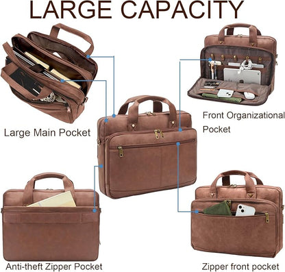 Briefcase for Men Leather Laptop Bag 16 Inch Messenger Bag Vintage Crossbody Laptop Computer Bag for Business,Work,Travel
