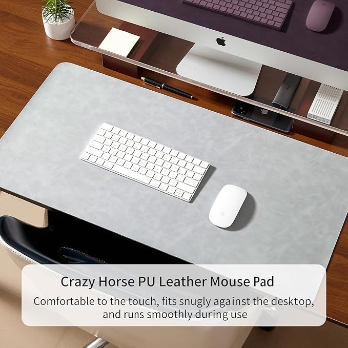 Desk Pad Soft PU Leather Large Mouse Pad Laptop Computer Desk Mat Table Blotter Flat Smooth Waterproof Non-Slip Desktop Protector Writing Pad for Office and Home (Light Grey, 80x40cm)