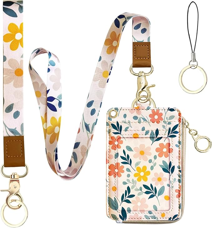 2-in-1 Cute Lanyard Wallet & ID Badge Holder for Women, Leather ID Name Badge Card Holder with Zip ID Case Breakaway Wristlet & Neck Lanyard for Offices, Teacher, Students, Employees (Florals)