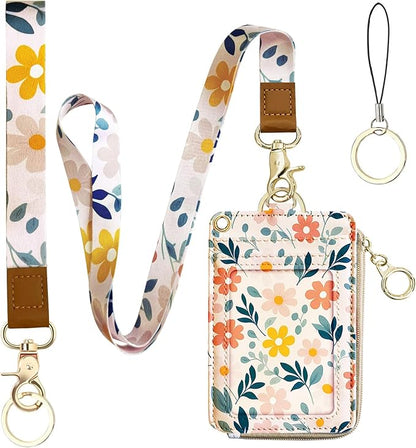 2-in-1 Cute Lanyard Wallet & ID Badge Holder for Women, Leather ID Name Badge Card Holder with Zip ID Case Breakaway Wristlet & Neck Lanyard for Offices, Teacher, Students, Employees (Florals)