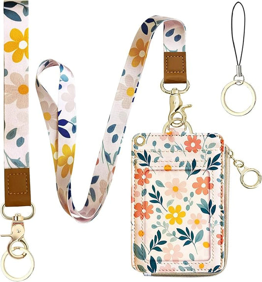 2-in-1 Cute Lanyard Wallet & ID Badge Holder for Women, Leather ID Name Badge Card Holder with Zip ID Case Breakaway Wristlet & Neck Lanyard for Offices, Teacher, Students, Employees (Florals)
