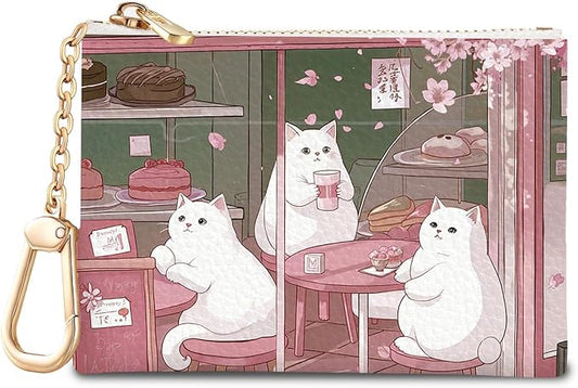 Cute Japanese Cats Keychain Coin Purse for Women, Small PU Leather Change Pouch, Zipper Little Tiny Travel Wallet for Girls, Cute Kawaii Zip Pocket Coin Holder with Key Ring