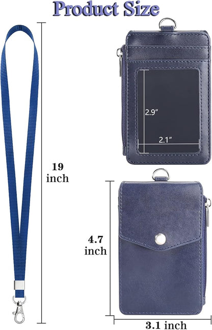 Teskyer Badge Holder with Side Zip Pocket, Multiple Card Slots Leather ID Holder Wallet with Neck Lanyard for Office Staffs, Teachers/Students, Couriers, Workers, Blue