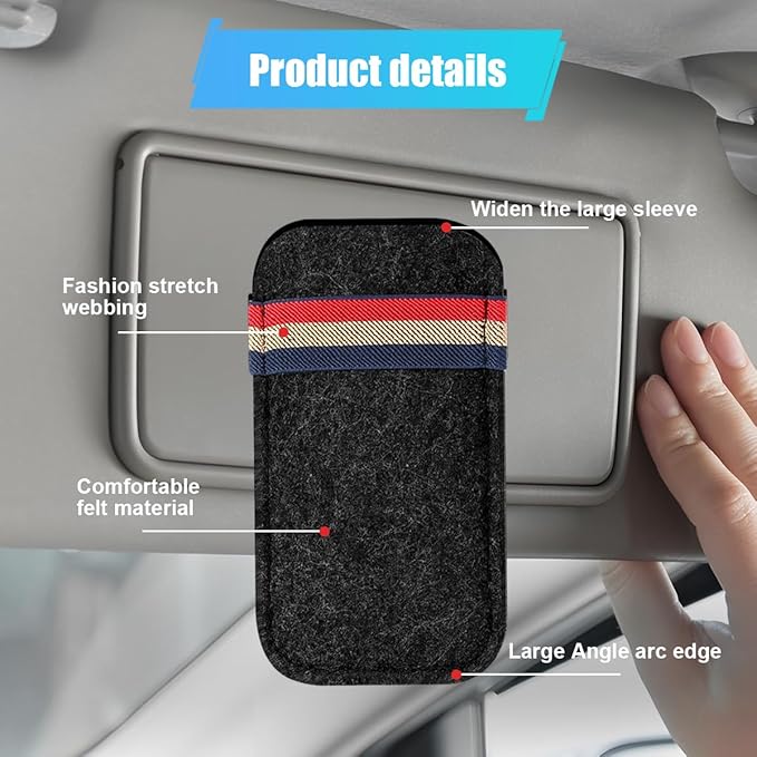 Sunglass Holder for Car Sun Visor Organizer – 6.1"×3.6" Soft Felt Eyeglasses Organizer Card Pocket for Pen Invoice, Universal Clip-on Glasses Holder Storage Pouch for Cars SUV Trucks (Black)