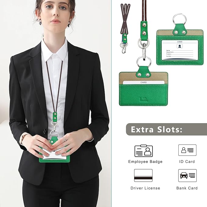 Badge Holder: Boshiho Cowhide Leather ID Badge Card Holder with 19" Neck Lanyard, Horizontal Style (Green-Gray)