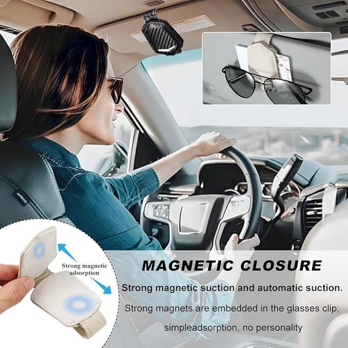 KVAEY Sunglasses Holders for Car Sun Visor, Magnetic Auto Visor Eyeglasses Holder Ticket Card Clip, Multifunctional Leather Sun Visor Glasses Hanger Mount Clip, Car Accessories (Carbon Fiber)