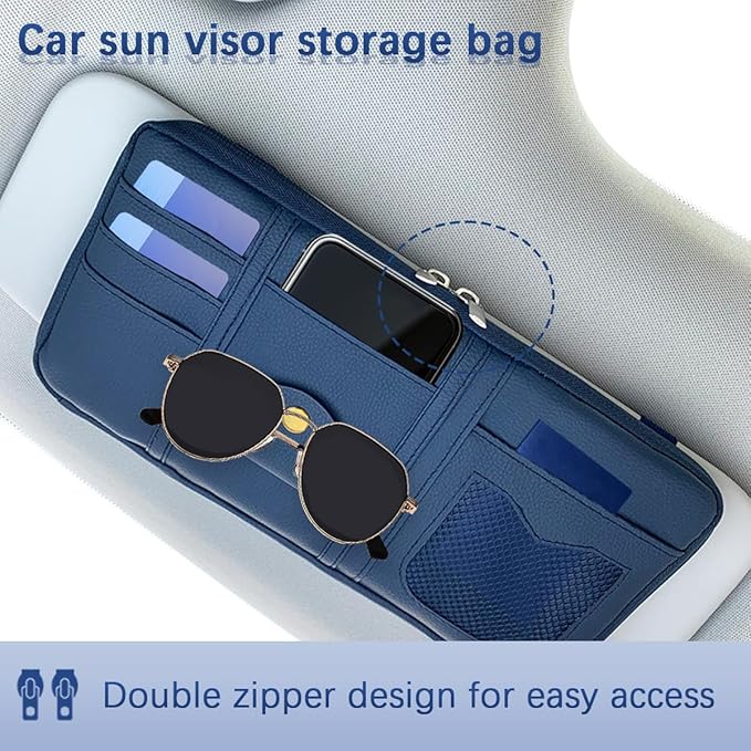 Car Sun Visor Organizer, Multi-Pocket Leather Vehicle Visor Storage Pouch & Sunglasses Holder, Auto Interior Document Card Holder with Double Zipper, Universal for Truck SUV Sedan (Black)