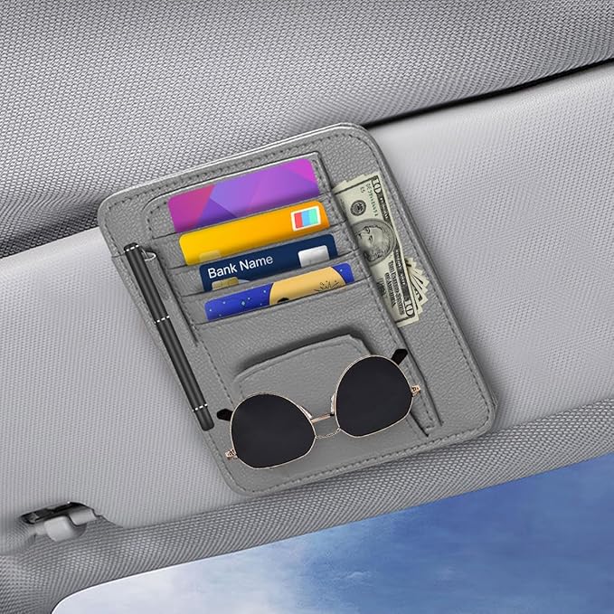 Small Leather Car Sun Visor Organizer - Multifunctional Car Interior Sunglass Holder Auto Visor Document Holder - Auto Card Sleeve Pocket Pouch Organizer for Driving License Registration Pen (Grey)