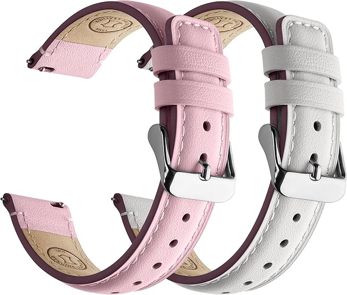 Fullmosa 18mm 20mm 22mm 24mm Leather Watch Bands, 2 Pack Soft Quick Release Watch Strap Compatible with Garmin Vivoactive 5/6/4/3, Venu 4/3S/2S, Samsung Galaxy Fossil Amazfit for Men Women,18mm White+Pink/Silver+Silver