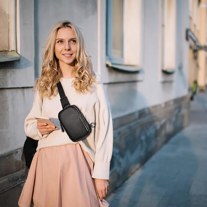 Small Sling Bag Leather Crossbody Bags Mini Fanny Pack for Women Men Travel Cross Body Shoulder Purse Black
