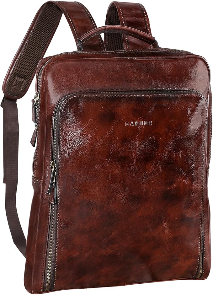 Banuce Full Grain Italian Leather Backpack for Men Laptop Backpack for Business Work Travel with Luggage Strap and Adjustable Strap Vintage Brown