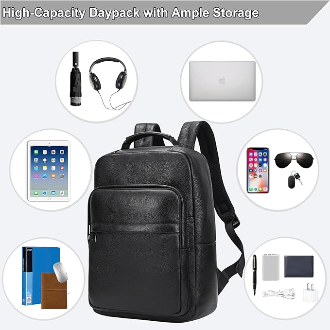Durable Genuine Leather Backpack - 15.6 Inch Laptop Bag for Business Commute & Travel, Large Capacity Multi-Pocket Backpack for Men/Women, Black