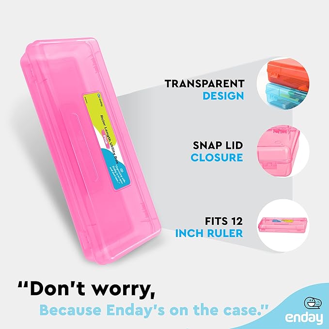 Enday Pencil Box Pink, Storage Organizer Utility Box, Multipurpose Long Ruler Length School Office Supplies Plastic Pencil Case for Kids & Adults Available in Red, Green, Grey, Purple, Blue, 1PK