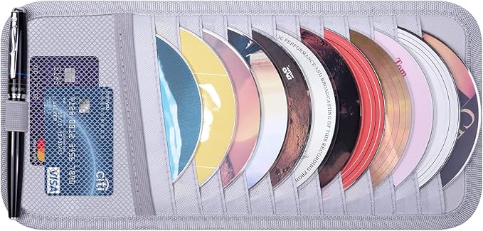 Car CD Case Holder, Wisdompro Vehicle Sun Visor Organizer for Cars with 12 DVD Storage Sleeves, 1 Mesh Pocket, 1 Pen Holder and Elastic Strap, Gray