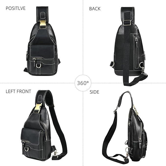 Genuine Leather Hiking Travel DayPack Sling Crossbody Triangle Chest Pack Bag For Men Women 8241 (8241 Dark Black)