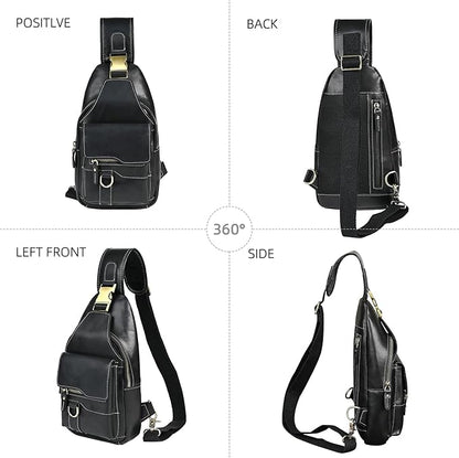 Genuine Leather Hiking Travel DayPack Sling Crossbody Triangle Chest Pack Bag For Men Women 8241 (8241 Dark Black)