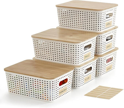 Bagnizer Small Plastic Storage Bins with Bamboo Lids 5.2qt Stackable Box Basket Pantry Decorative Containers Cute with Labels for Organizing Desktop Closet Office Cream White of 6 packs 10*7.2*4.1"