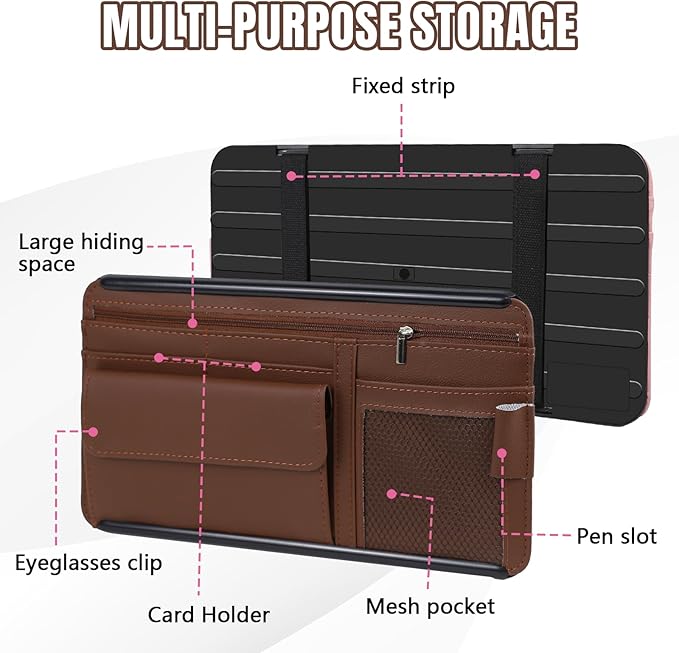 Hovom Car Visor Organizer, Leather Multi-Pocket Auto Sun Visor Storage Pouch with Sunglasses Holder, Card Holder, Zipper Pocket, Net Pocket, Pen Slot, Universal Interior Car Accessories (Brown)