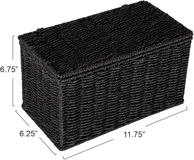 Household Essentials Small Handwoven Paper Rope Wicker Basket with Lid, Black