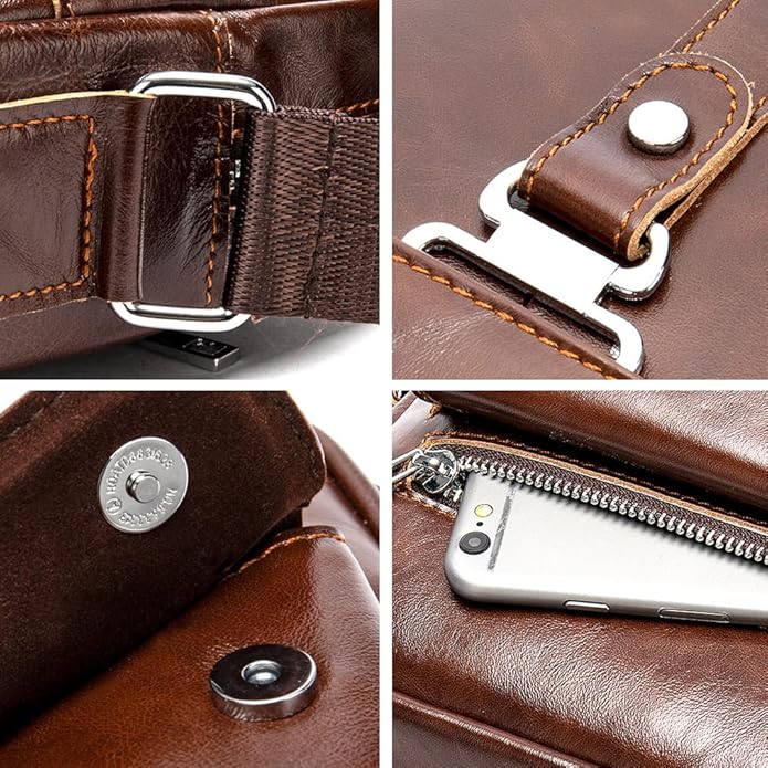 Hebetag Small Leather Sling Shoulder Bag Messenger Pack for Men Women Outdoor Travel Business