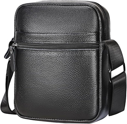 Leathario Men's Crossbody Shoulder Bag, Genuine Leather Small Messenger Satchel for Work Business Travel, Black Side Purse