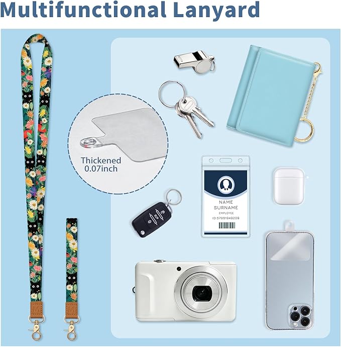 Lanyard Wallet with Id Badge Holder, Black Cat RFID Small Keychain Wallet Women Wristlet, Cute Zipper Credit Card Holder Phone Wrist Neck Strap for Key Name Tag, Teacher Student Office Gifts