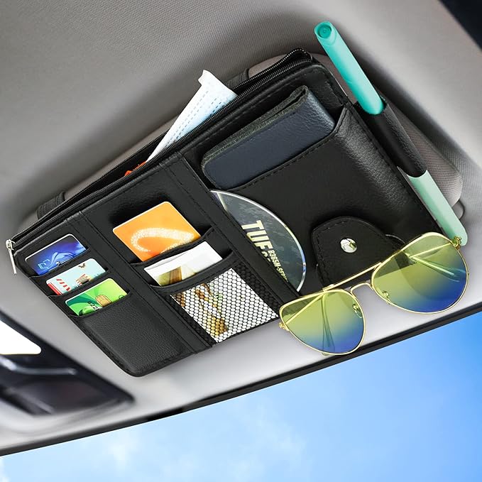Car Sun Visor Organizer, Leather Pocket Organizer Sunglass Holder for Car Interior Accessories with Multi-Pocket Net Zipper, Black