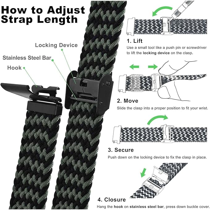 WOCCI 18mm Braided Nylon Watch Band for Men and Women, Quick Release, Black Stainless Steel Buckle (Green Black)