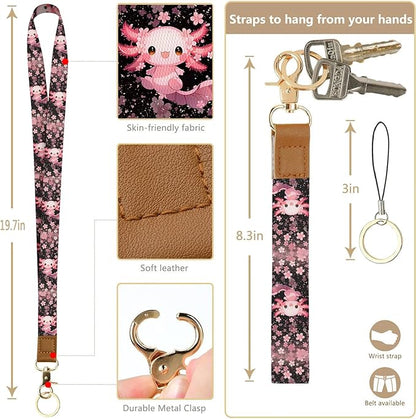 bolimoss Axolot ID Badge Holder & Lanyard Wallet 2-in-1Cute Sakura Womens Small Wallet with Removable Wristlet & Neck Lanyard, Clear Window, 5 Card Slots, Side Zipper Pocket, Ring Keychain