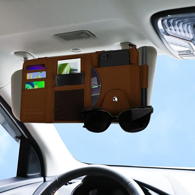 Car Sun Visor Organizer, Leather Pocket Organizer Sunglass Holder for Car Interior Accessories with Multi-Pocket Net Zipper (Brown)