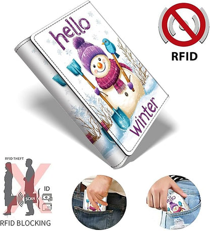 Minimalist Wallet for Men's Card Holders, Pop-Up Card Case Durable Wallets for Women, Leather Automatic Credit Card Holder with Metal Money Clip RFID Blocking Bifold Pocket, Winter Snowman