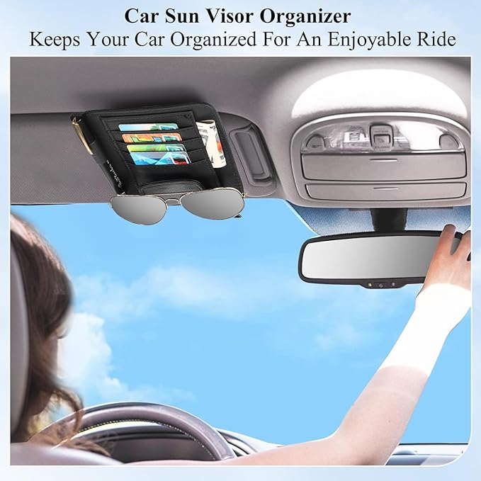BOAO 2 Packs Car Sun Visor Organizer, Sunglasses Holders for Car Sun Visor PU Auto Interior Accessories Storage Travel Document Holder with Multi Pocket (6.1 x 4.93 Inches, Black)
