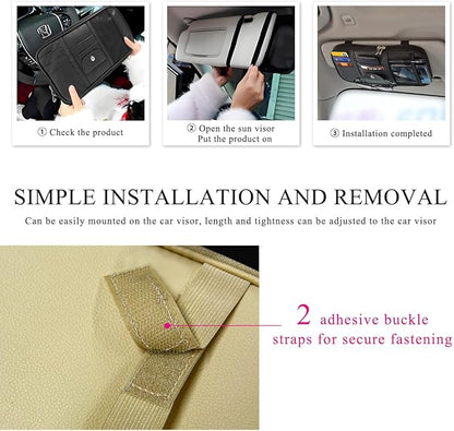 DXNQ Car Sun Visor Organizer, Double Zipper Leather Visor Storage Pouch with Multi-Pocket, Sunglass Holder Storage Pocket with Elastic Band for Cars SUVs Trucks, Car Accessories (Beige)