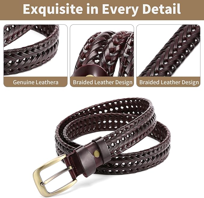SENDEFN Leather Braided Belts for Men, 1 3/8" Casual Woven Leather Belt for Men Jeans Golf Dress Pants with Gift Box