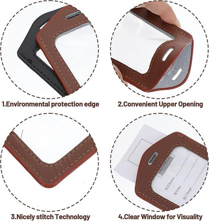 Leather ID Badge Holders, Mabor 2 Pcs Leather Badge Holder Vertical Double-Side Clear Card Holder Waterproof Name Badges Holders for Office Staff Students School ID Credit Cards(Black+Brown)