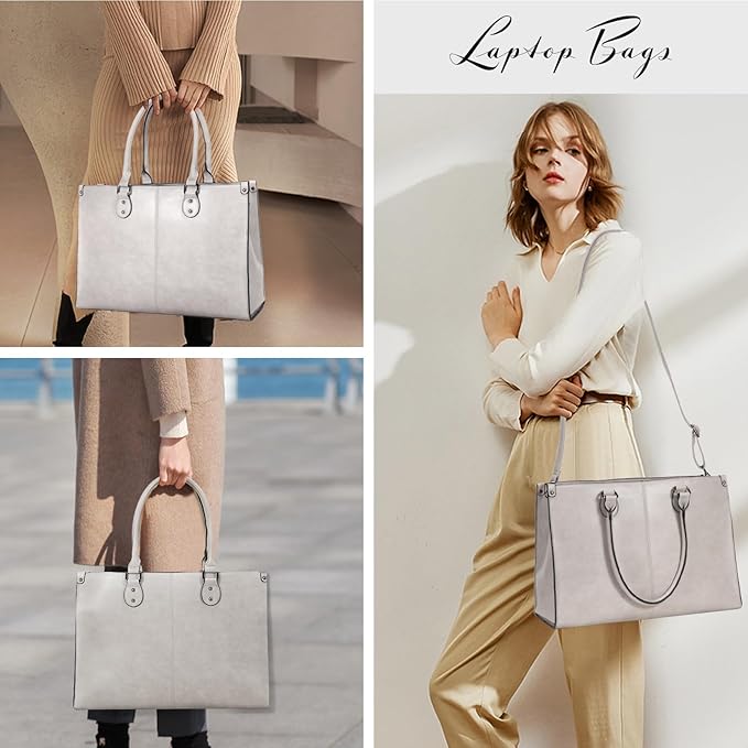 LOVEVOOK Laptop Tote Bag for Women, 15.6 Inch Large Capacity Vintage Leather Work Computer Bag, Business Casual Shoulder Handbag, Smoke Gray