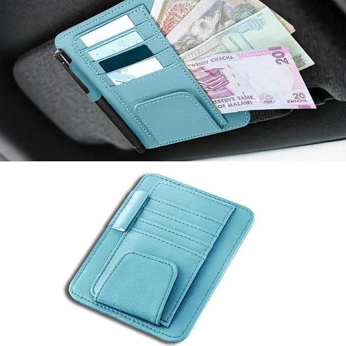 Car Sun Visor Organizer, Multifunctional Auto Visor Document Holder with Sunglasses Clip, Universal Car Interior Accessories Organizer for Drving License, Card, Pen (Blue)