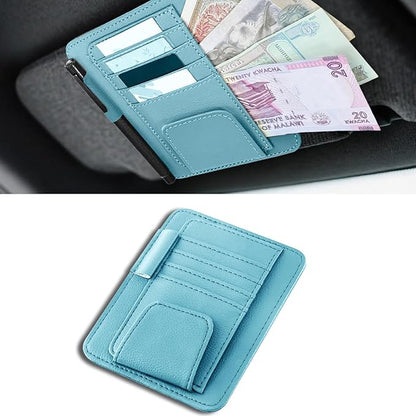 Car Sun Visor Organizer, Multifunctional Auto Visor Document Holder with Sunglasses Clip, Universal Car Interior Accessories Organizer for Drving License, Card, Pen (Blue)