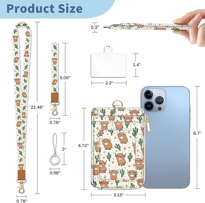 Lanyard Wallet with Id Badge Holder, Highland Cow RFID Small Keychain Wallet Women Wristlet, Zipper Credit Card Holder Phone Wrist Neck Strap for Key Name Tag, Teacher Student Office Gifts