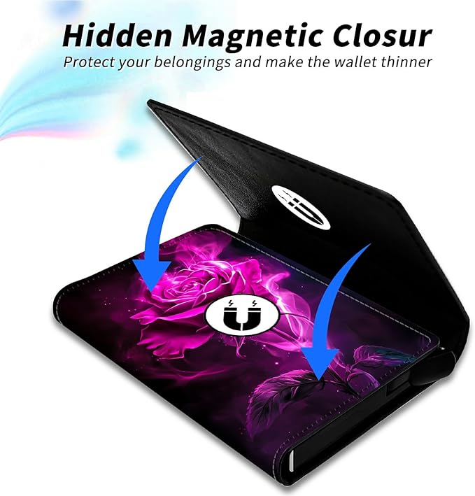 Minimalist Wallet for Men's Card Holders, Pop-Up Card Case Durable Wallets for Women, Leather Automatic Credit Card Holder with Metal Money Clip RFID Blocking Bifold Pocket, Rose Red Flame