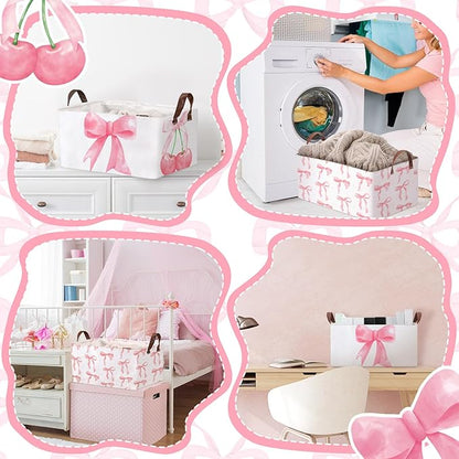 Boao 3 Pcs Coquette Pink Bow Storage Bin Collapsible Large Storage Baskets for Gifts Empty Candy Holiday Decor Canvas Laundry Basket Foldable Box with Handle for Office Home Bedroom Clothes