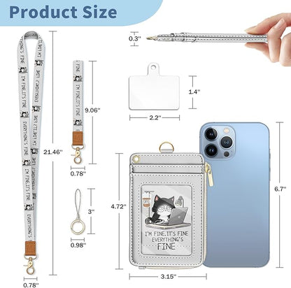 Lanyard Wallet with Id Badge Holder, Funny Cat RFID Small Keychain Wallet Women Wristlet, Cute Zipper Credit Card Holder Phone Wrist Neck Strap for Key Name Tag, Teacher Office Work Gifts