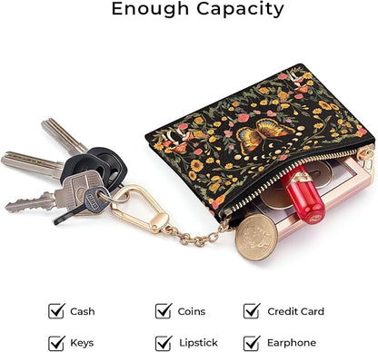 Butterfly Moon Keychain Coin Purse for Women, Mushroom Floral Vintage Small PU Leather Change Pouch, Zipper Little Tiny Travel Wallet for Girls, Cute Zip Pocket Coin Holder with Key Ring