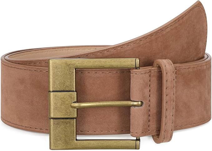 Women Wide Leather Belts for Dresses 1.9" Chunky Western Vintage Thick Suede Waist Belt with Brass Buckle