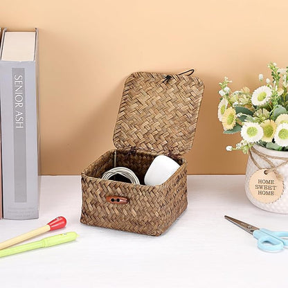 Hipiwe Handwoven Seagrass Basket Bin Small Decorative Shelf Basket Boxes with Lid Wicker Storage Baskets Bins Multipurpose Table Organizer for Key Home Decor, 4.7"L x 4.7"W x 3"H