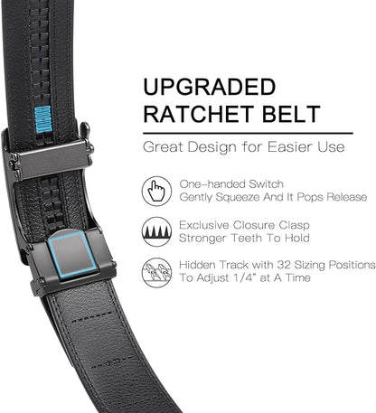 GAEKEAO Mens Belt Leather 1 3/8" - Micro-Adjust Buckle Ratchet Belts for Men Dress Casual to Formal Trim to Fit with Gift Box