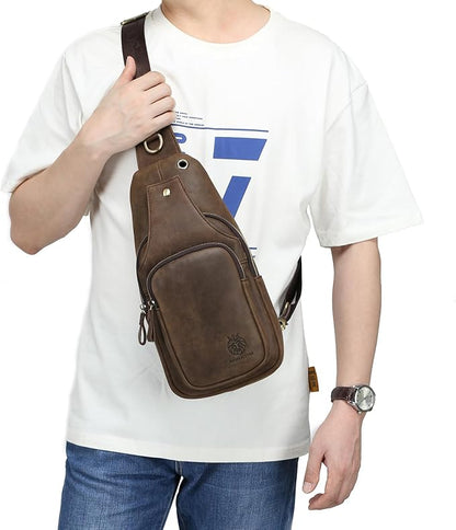 Mens Sling Bag Genuine Leather Crossbody Bags for Men Small Sling Chest Backpack Casual Man Bag Hiking Outdoor, Coffee